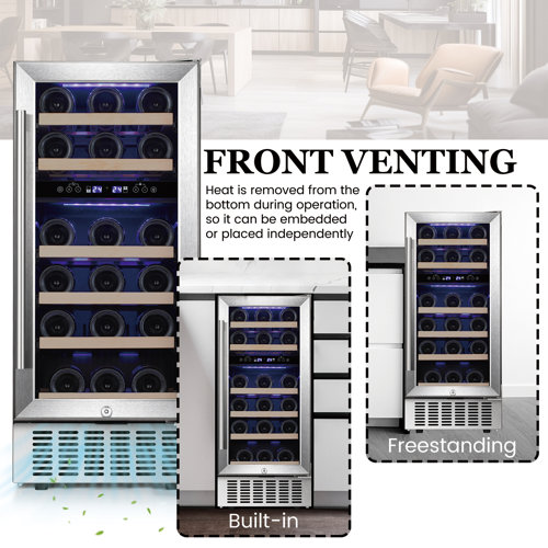 YUKOOL 15'' 28 Bottle Dual Zone BuiltIn Wine & Beverage Refrigerator